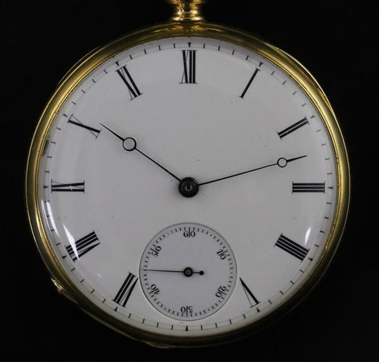 A Patek Philippe 18ct gold open face Roman dial pocket watch, cased, with 9ct gold watch chain and two swivel fob seals